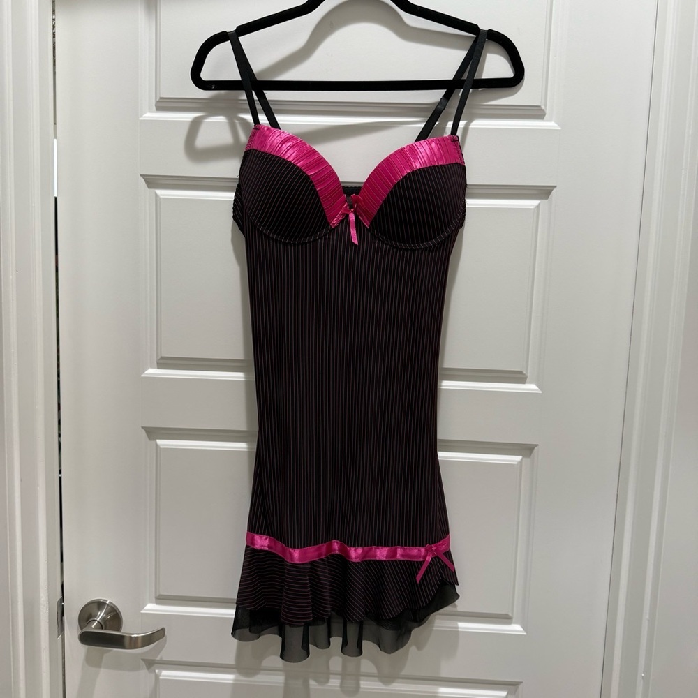 Inteco Intimates Black and Pink Lingerie Slip Dress Stripe Bow Costume Medium